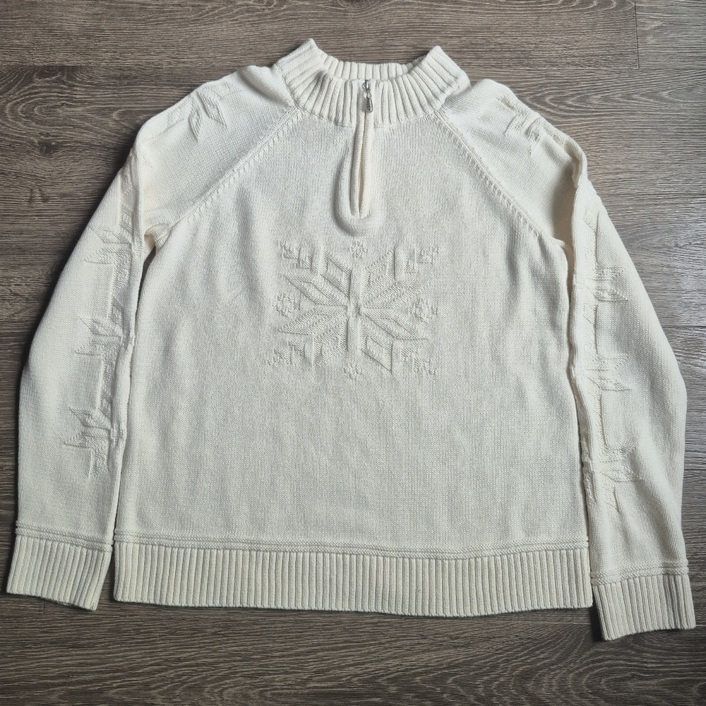 Vintage Snowflake Cream Cotton Knit Sweater With 3/4 Zip